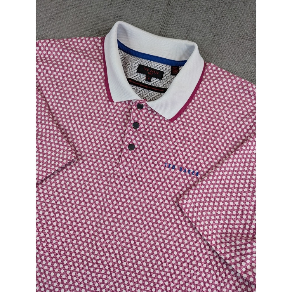 Ted Baker Golf Polo Shirt Mens 6 (XXL) Red White Polka Dot Herringbone Stretch